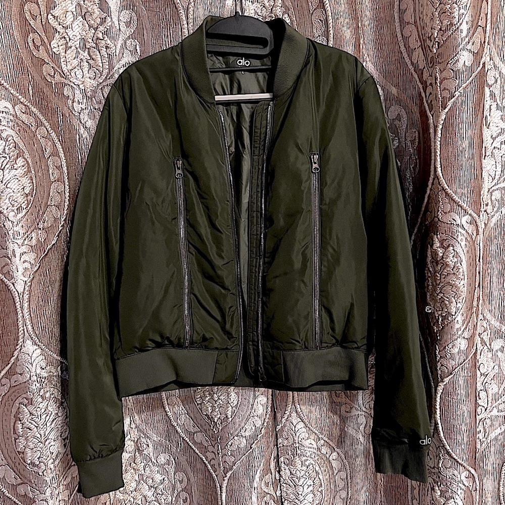 Alo Yoga Bomber Jacket 2 Pocket Womens L Olive